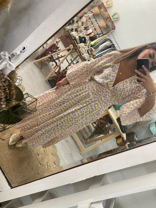 Vestido algodão animal print lilás/amarelo