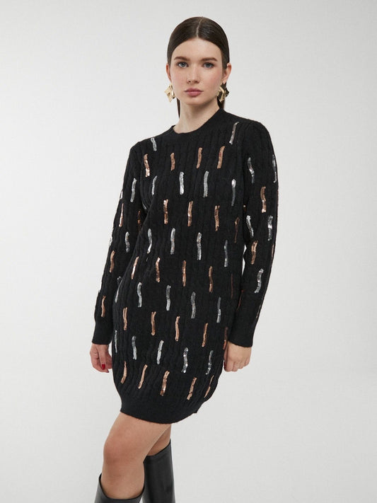 Vestido Camisolão preto com lantejoulas bronze e prata