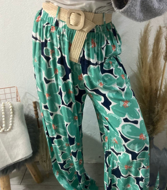 Pantalonas estampado flores verde e azul com cinto