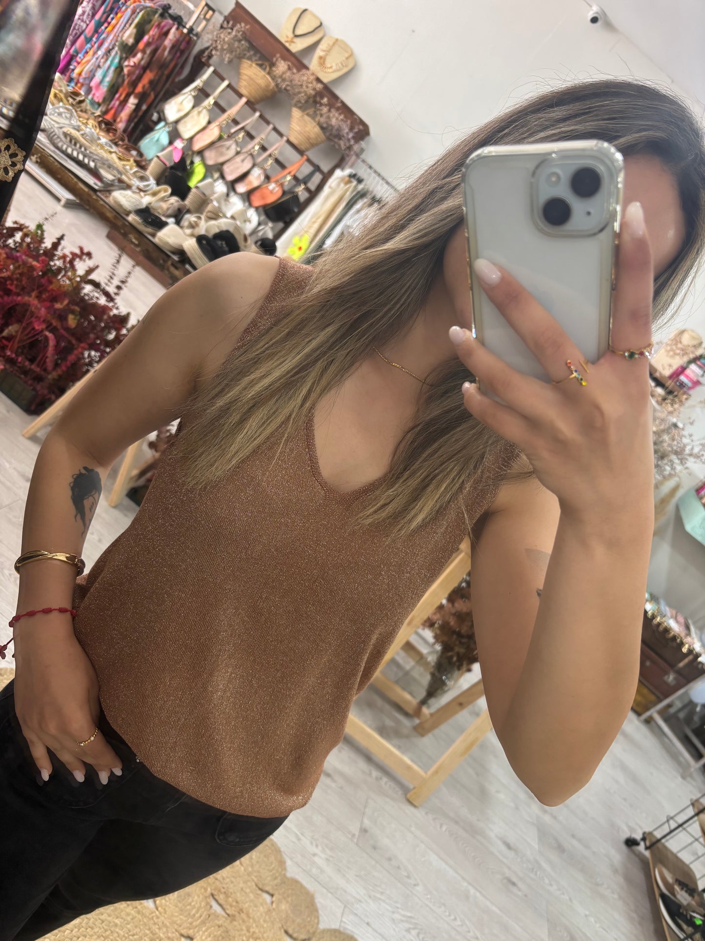 Top de malha rose gold lurex