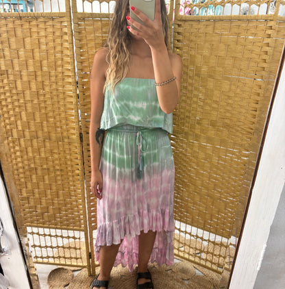Vestido cai cai tie dye verde água e rosa