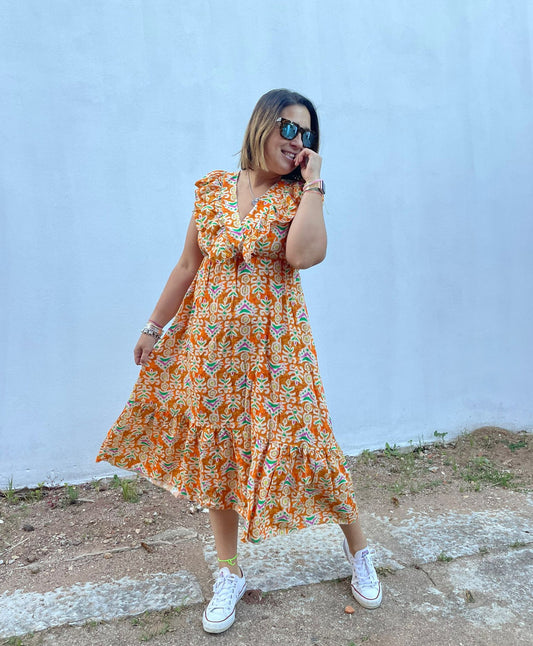 Vestido laranja estampado alças com folho