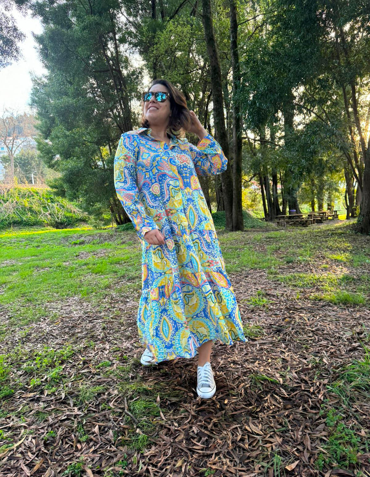 Vestido cornucópias azul|amarelo