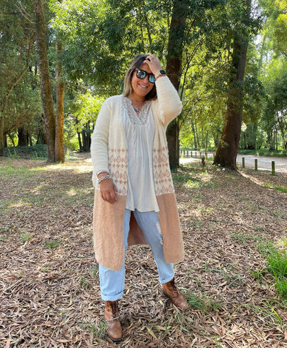 Casaco midi com estampado camel e cru lurex TS.olitta