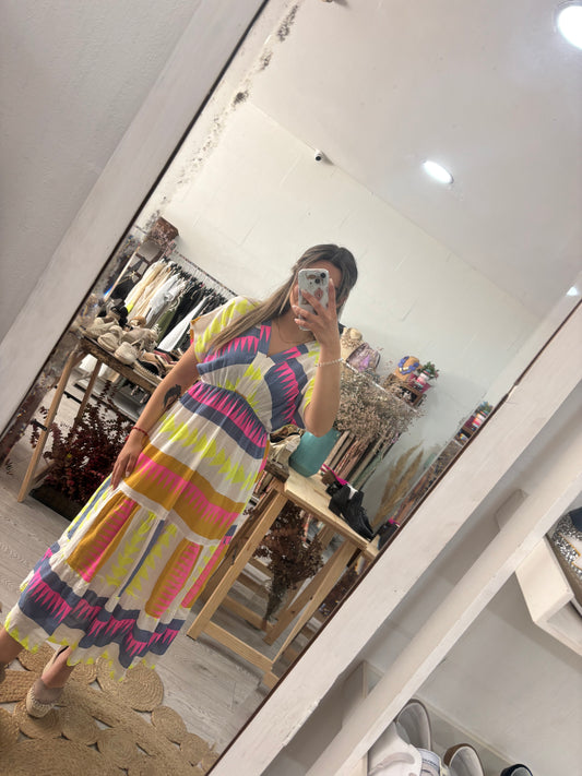 Vestido estampado geométrico azul/rosa/amarelo