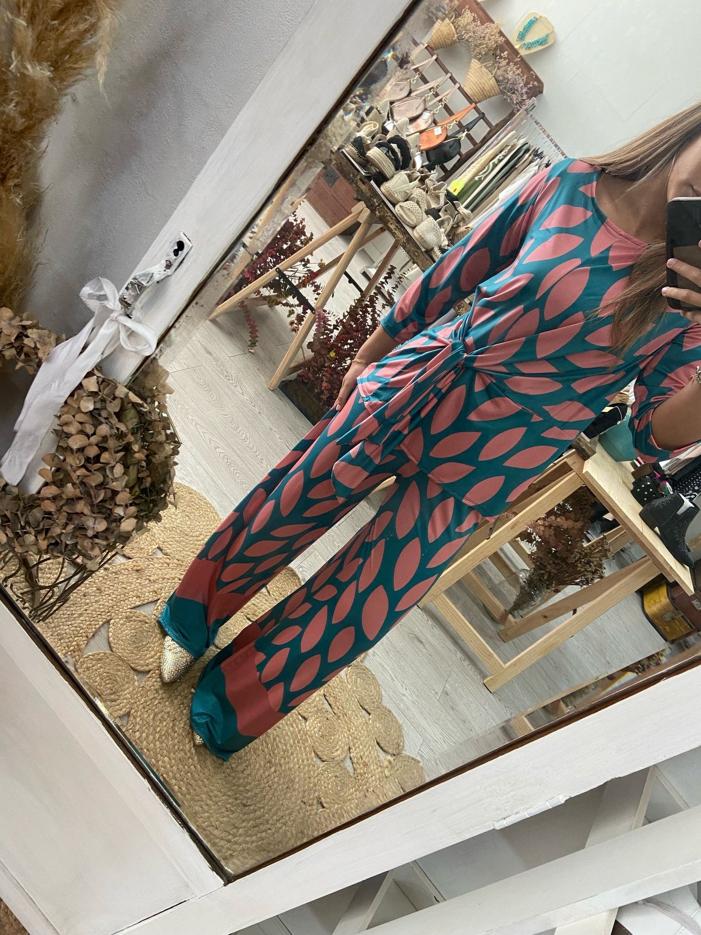 Conjunto estampado esmeralda /rosa nó na cintura