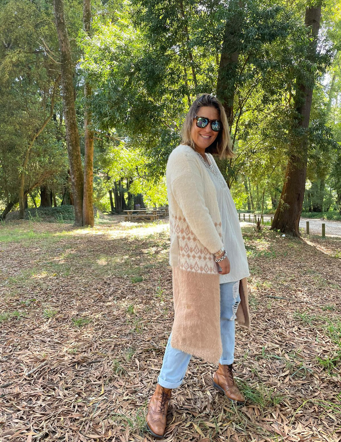 Casaco midi com estampado camel e cru lurex TS.olitta