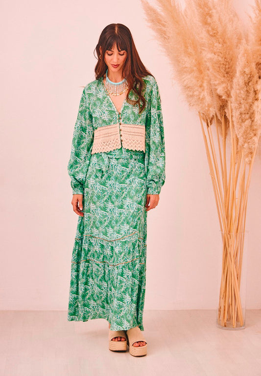 Túnica curta estampado verde folhas com crochê GF.Thonia
