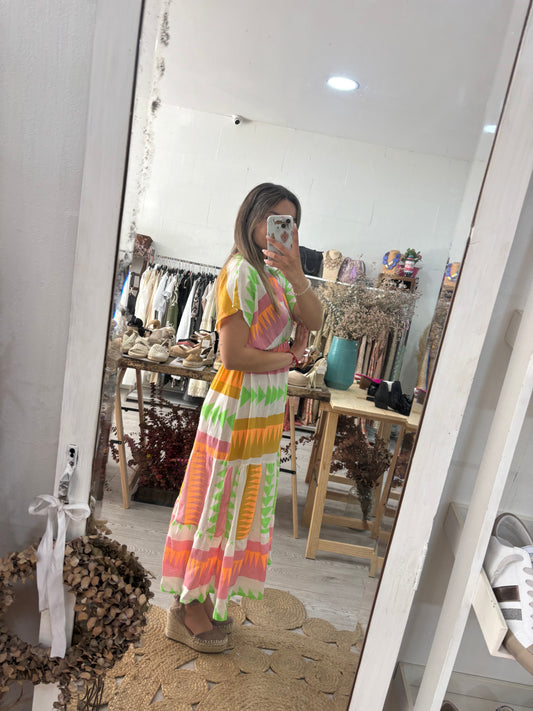 Vestido estampado geométrico rosa/laranja/verde