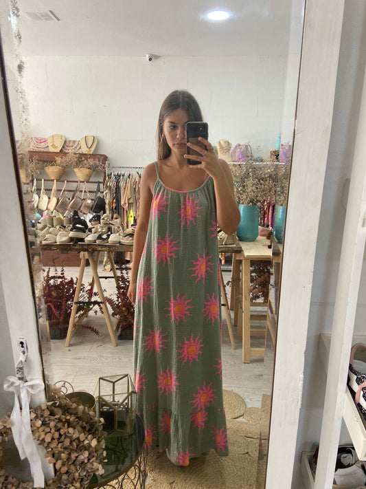 Vestido caqui com sol rosa/laranja