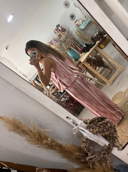Conjunto túnica e calças riscas rosa