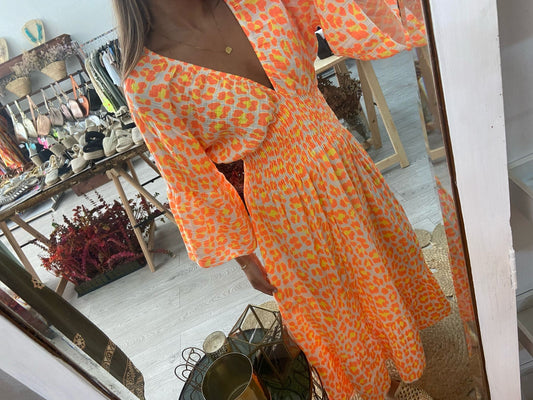 Vestido algodão animal print laranja/amarelo