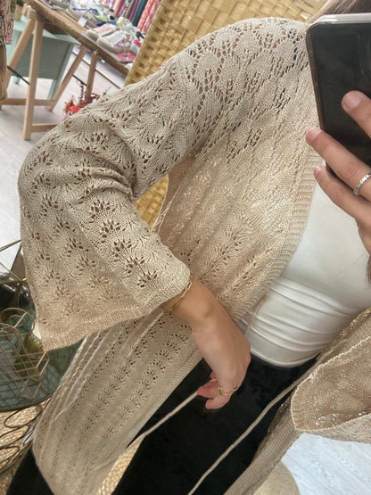 Beige lurex midi crochet kimono with TS.Bengala tie