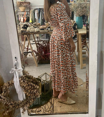 Vestido algodão rosa animal print lilás/amarelo