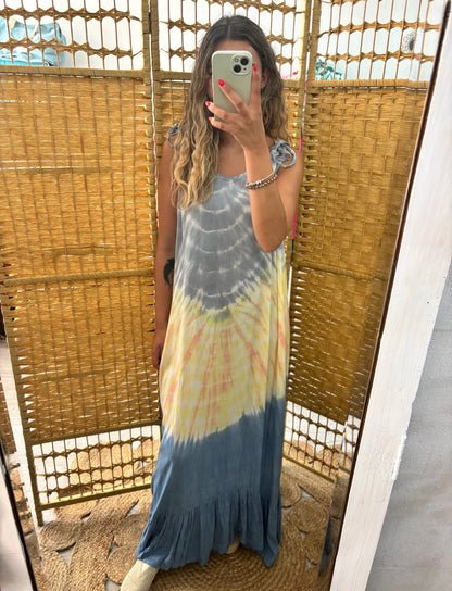 Vestido tie dye bege/camel/ turquesa alça ajustável