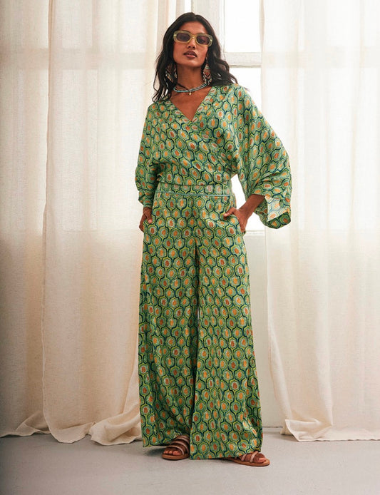 Pantalones de satén estampado verde AU.Sawa