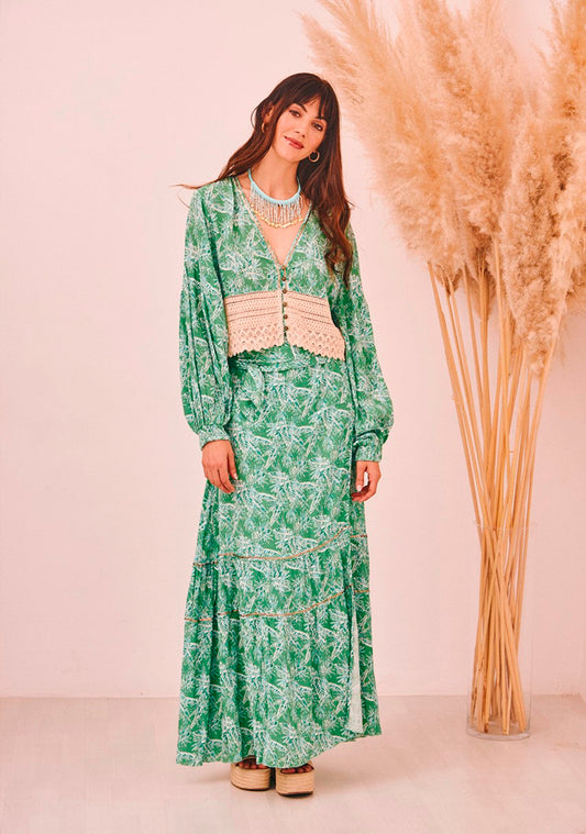 Túnica curta estampado verde folhas com crochê GF.Thonia