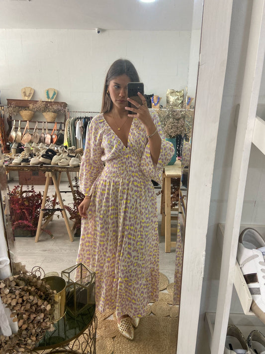 Vestido algodão animal print lilás/amarelo