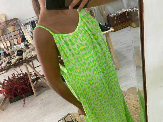 Vestido animal print amarelo/ verde costas abertas