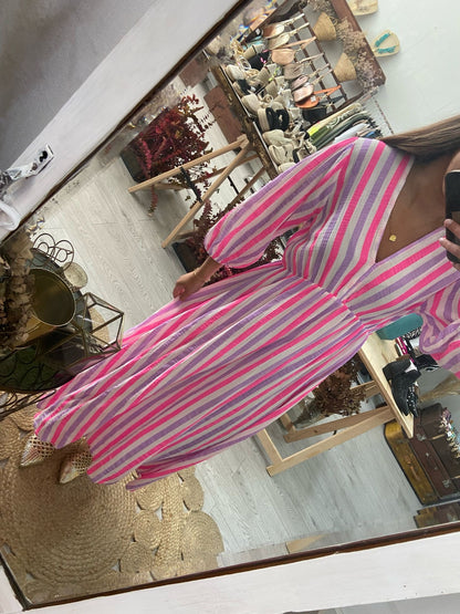 Vestido algodão riscas verde/rosa