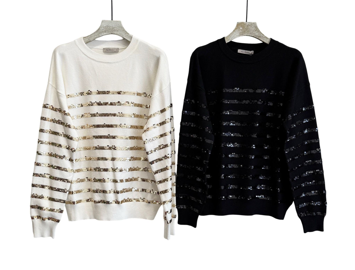 Camisola cru com riscas de lantejoulas