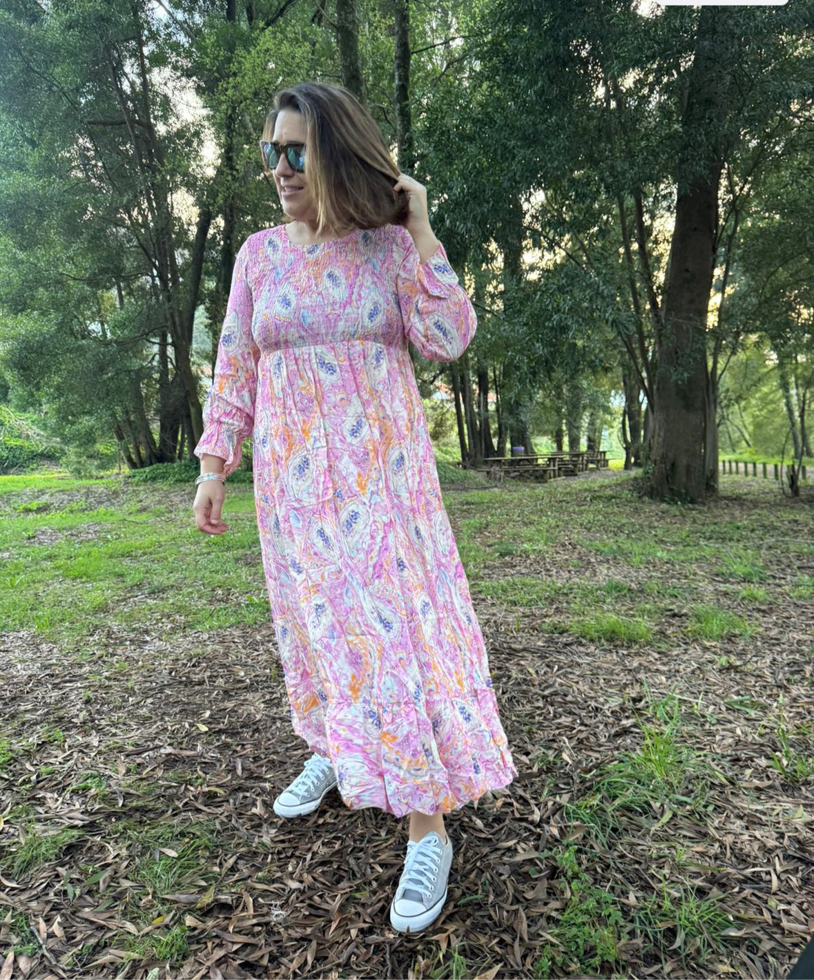 Vestido estampado rosa | laranja com favinhos no peito