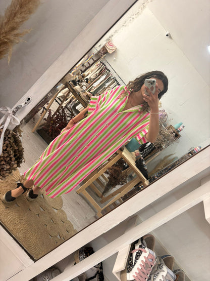 Vestido/Kaftan riscas verde/rosa