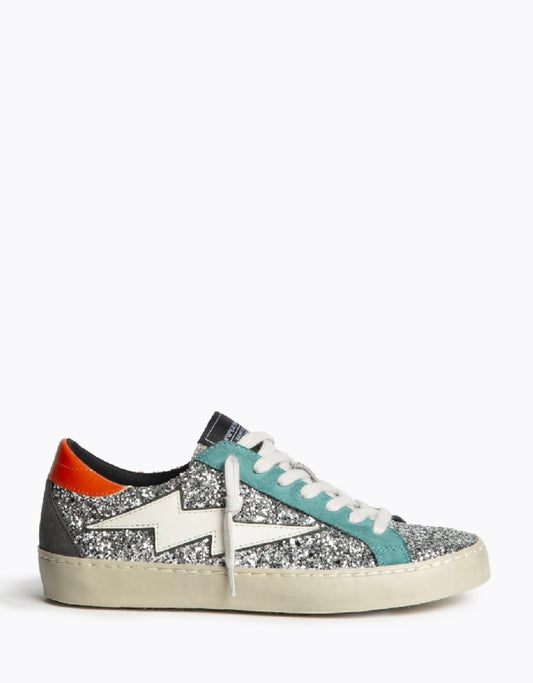 Sapatilhas glitter prata raio branco com detalhes laranja e esmeralda
