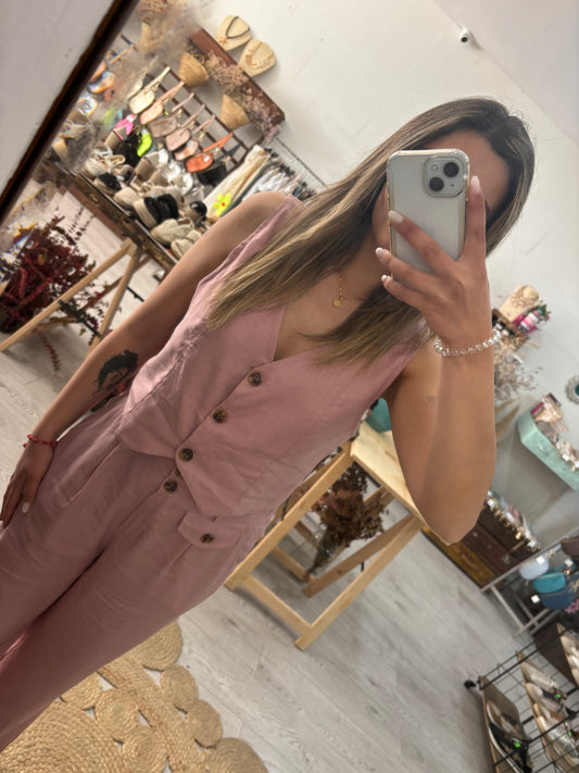 Conjunto Colete e calças rosa em linho