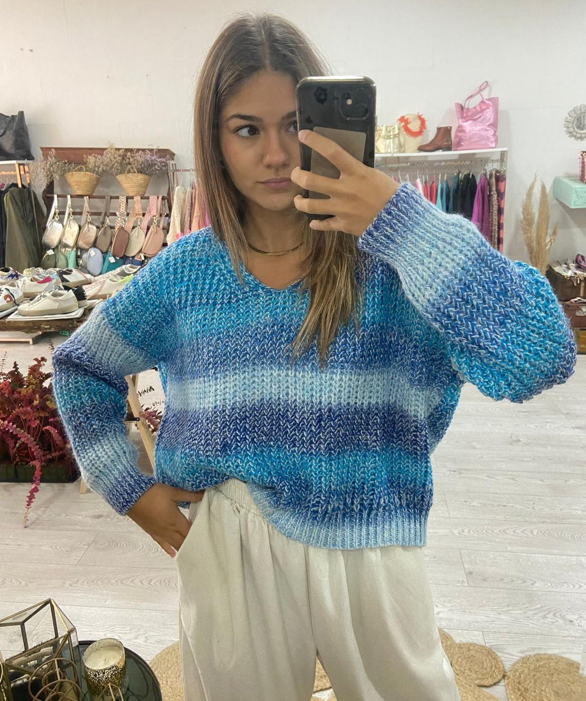 Camisola de malha degradé azul