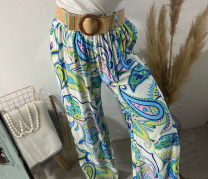 Pantalonas azulão estampado paisley colorido com cinto