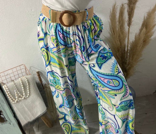 Pantalonas cru estampado paisley colorido com cinto