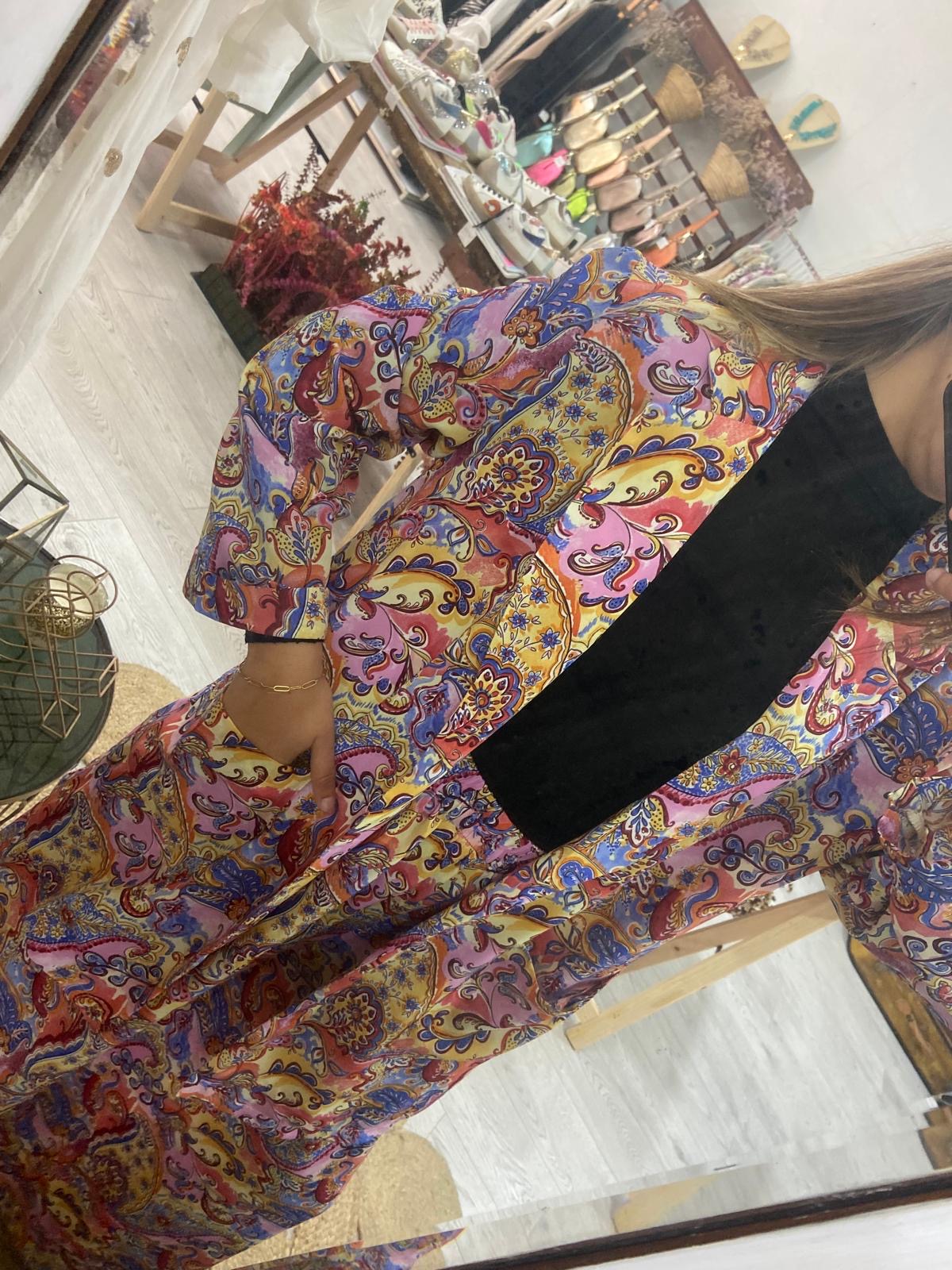 Conjunto Kimono e calças estampado étnico laranja/turquesa