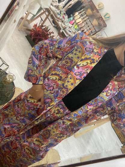Conjunto Kimono e calças estampado étnico laranja/turquesa