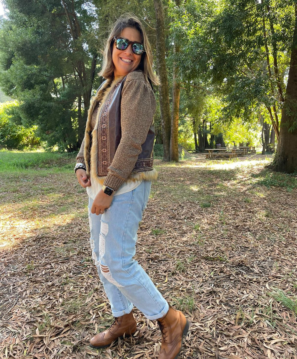 Colete castanho pele bordado com pêlo SE.VINASA