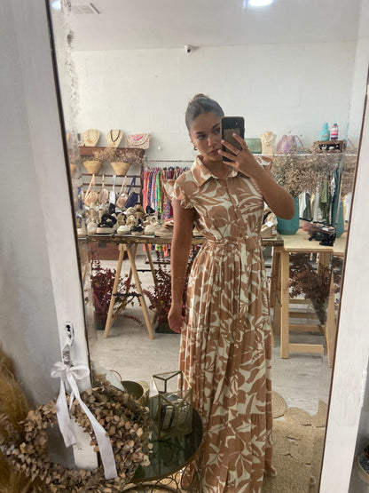Vestido camiseiro primavera camel/branco