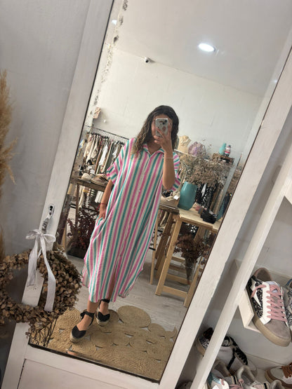 Vestido/Kaftan riscas verde/rosa