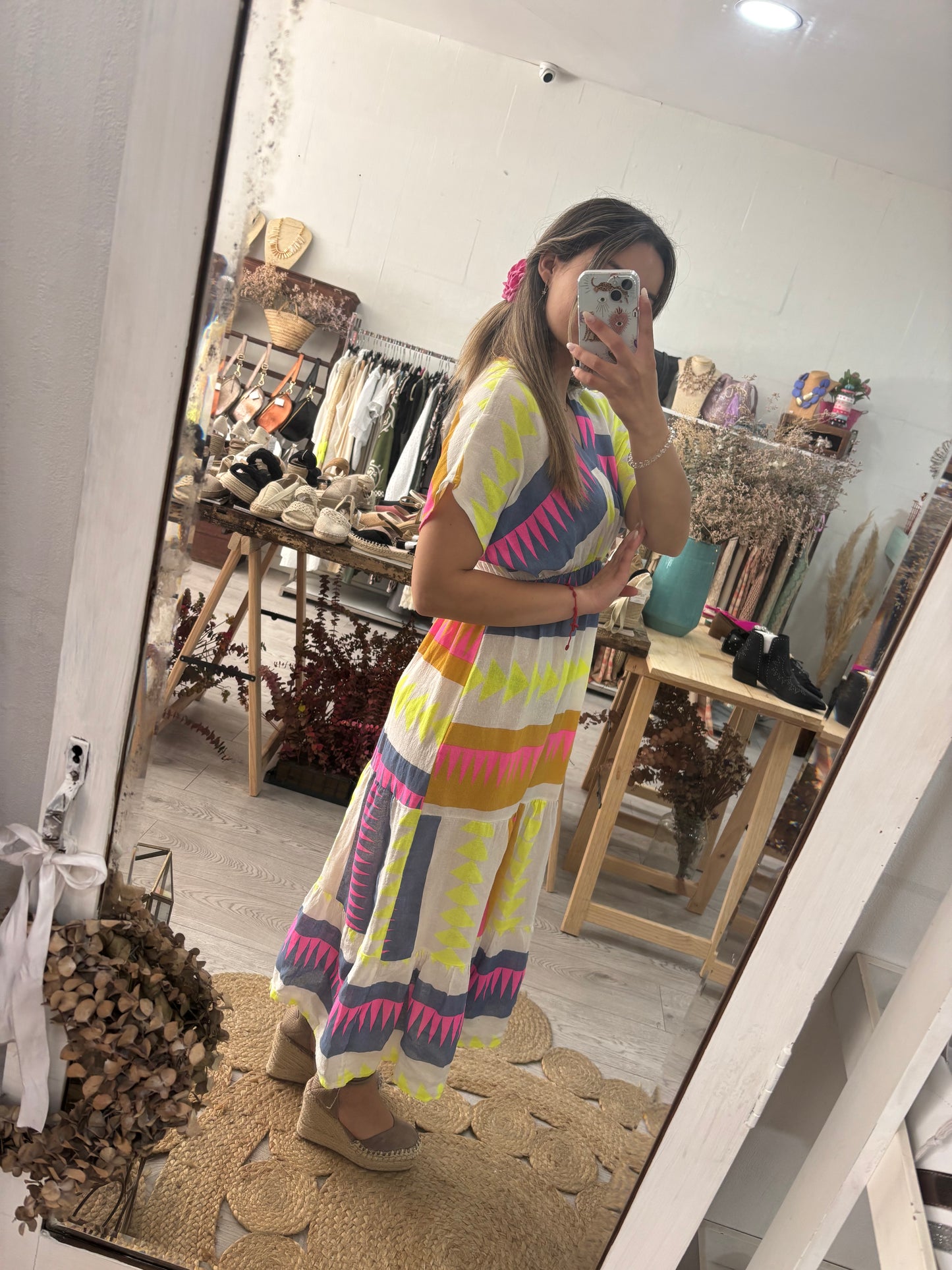 Vestido estampado geométrico rosa/laranja/verde