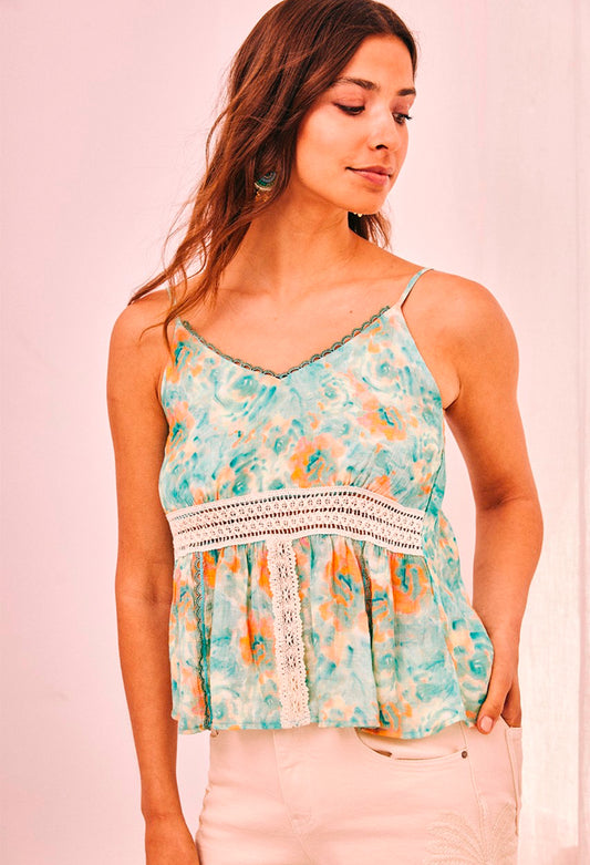 Top estampado manchado turquesa e laranja Ni.Lamai