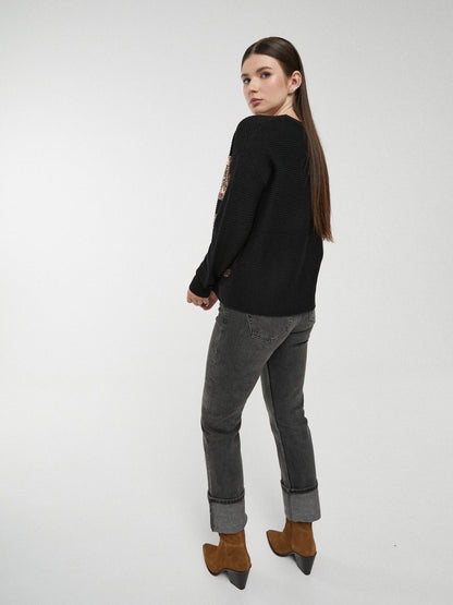 Camisola camel canelada com lantejoulas bronze às riscas