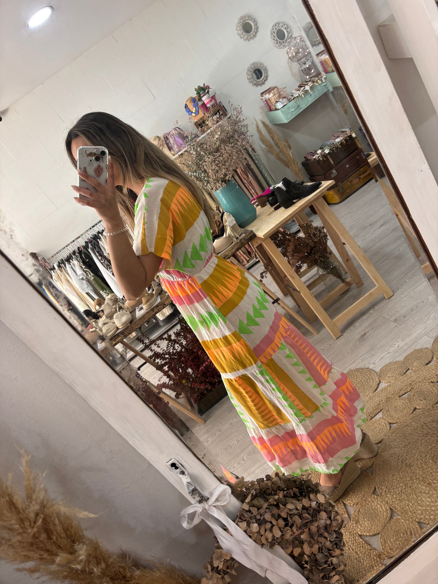 Vestido estampado geométrico rosa/laranja/verde