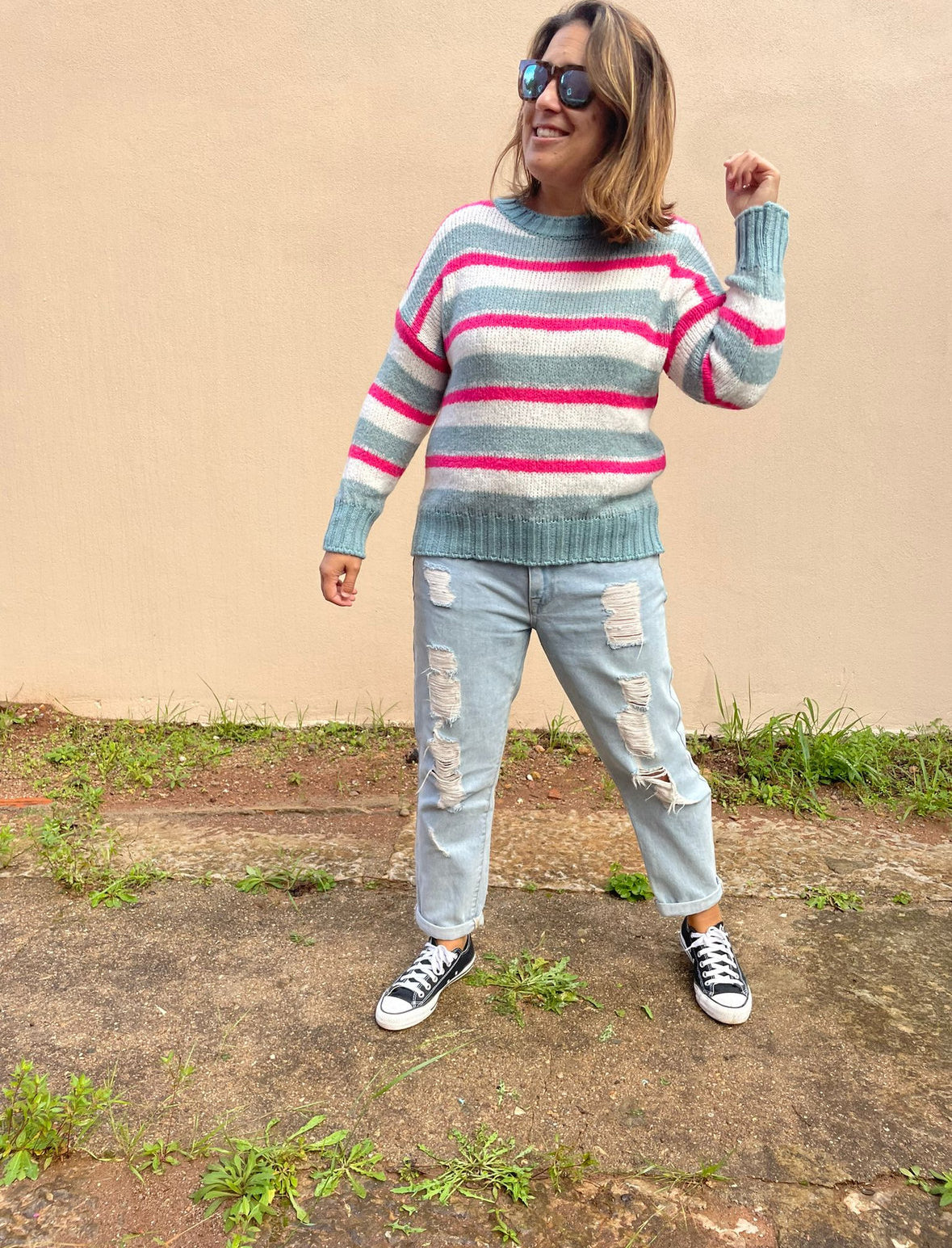 Camisola de malha riscas rosa, cinza e branco