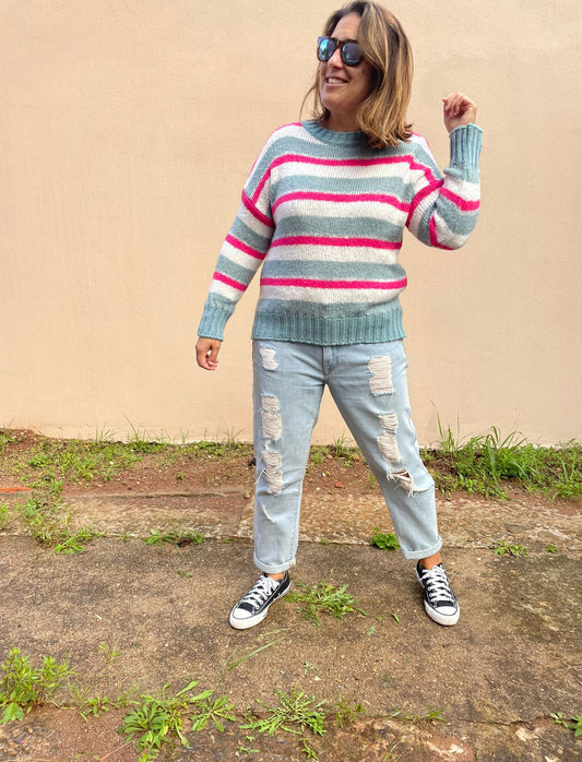 Camisola de malha riscas rosa, cinza e branco