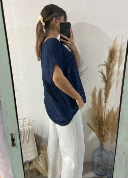 Túnica azul tecido enrugado lurex