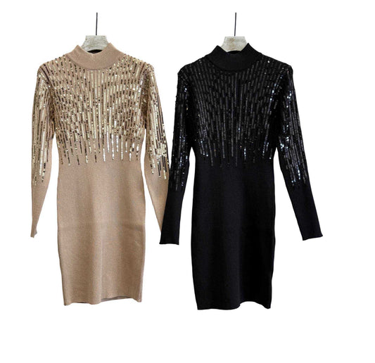 Vestido preto canelado justo com lantejoulas em cima