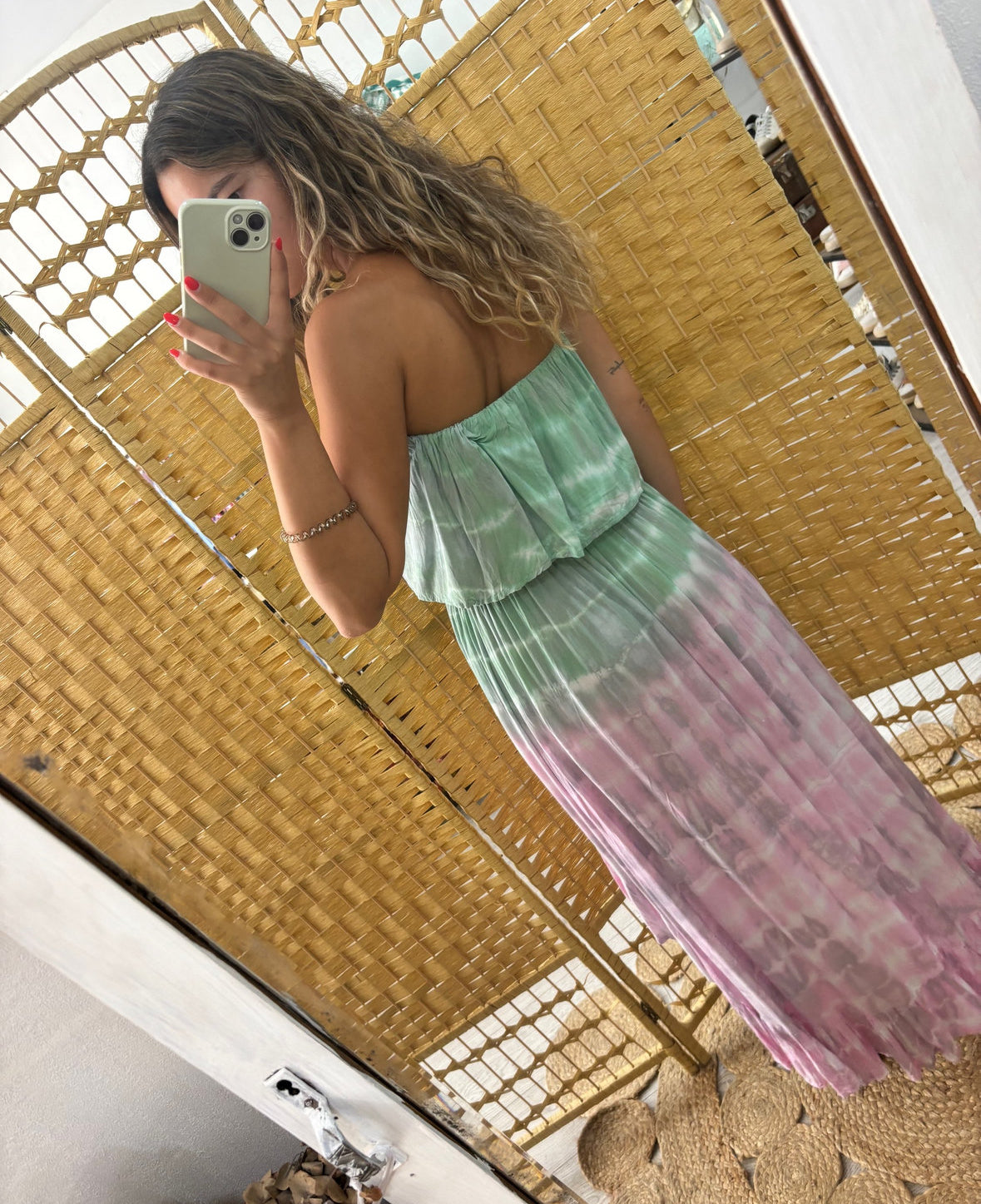 Vestido cai cai tie dye verde água e rosa