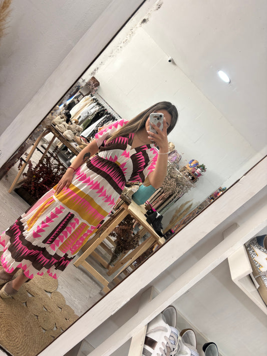 Vestido estampado geométrico castanho/rosa/mostarda