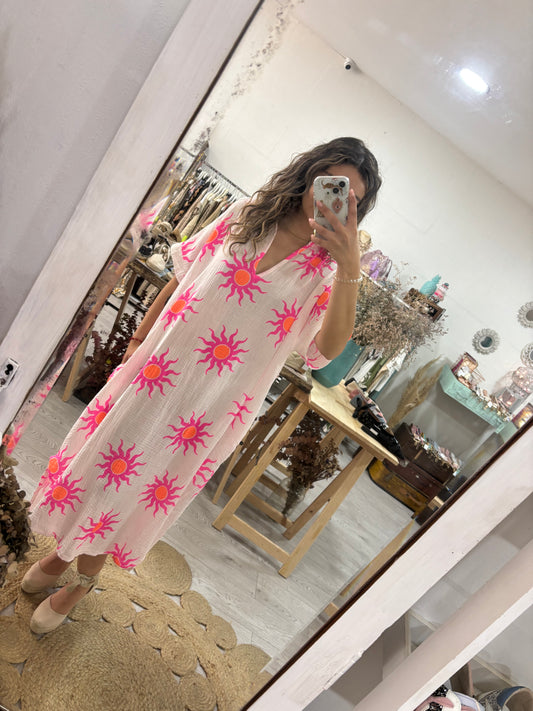 Vestido/kaftan branco com sol laranja/rosa