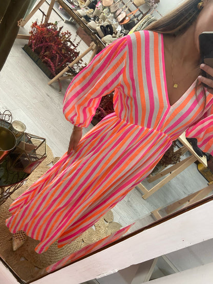 Vestido algodão riscas verde/rosa