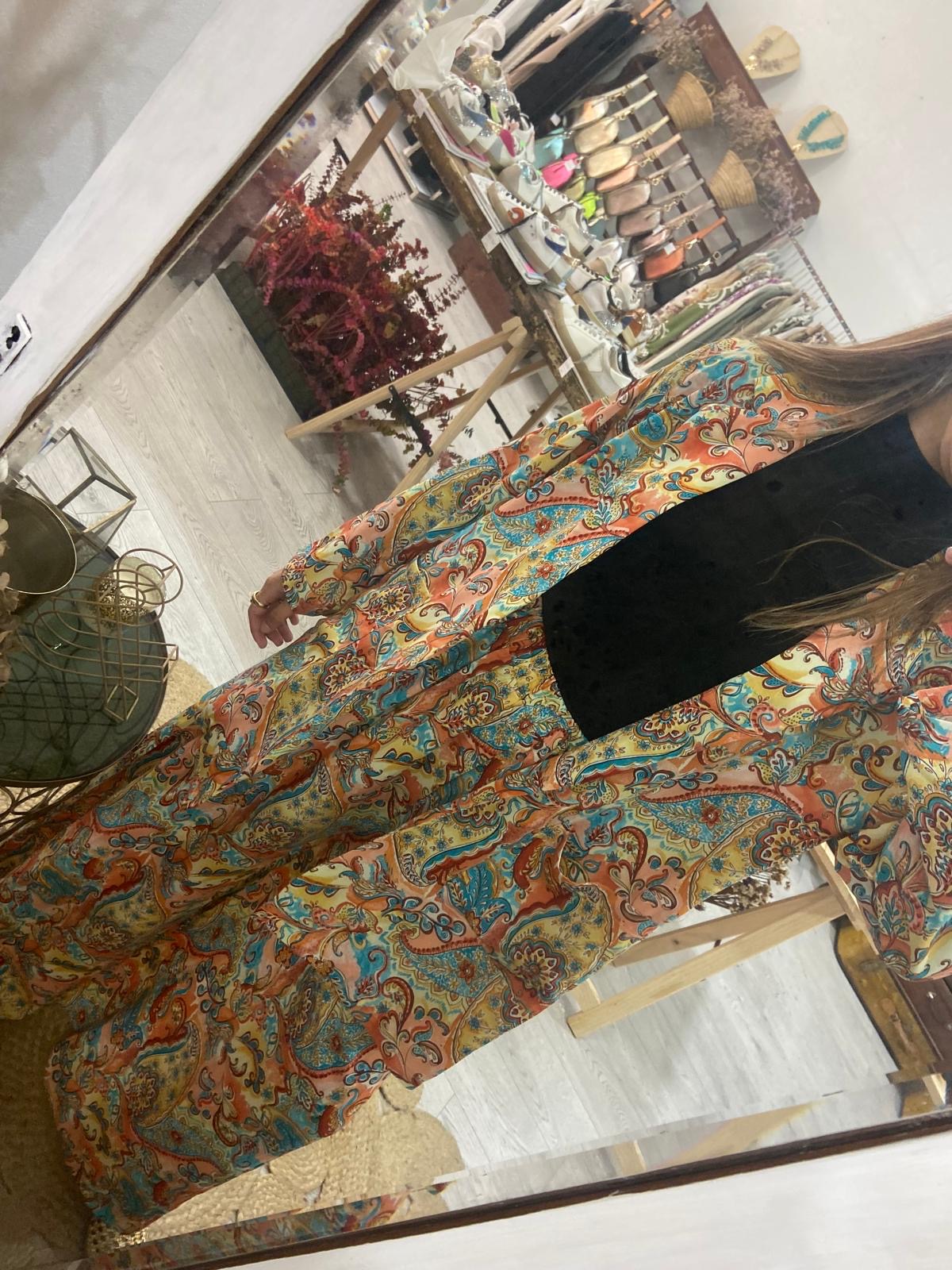 Conjunto Kimono e calças estampado étnico laranja/turquesa